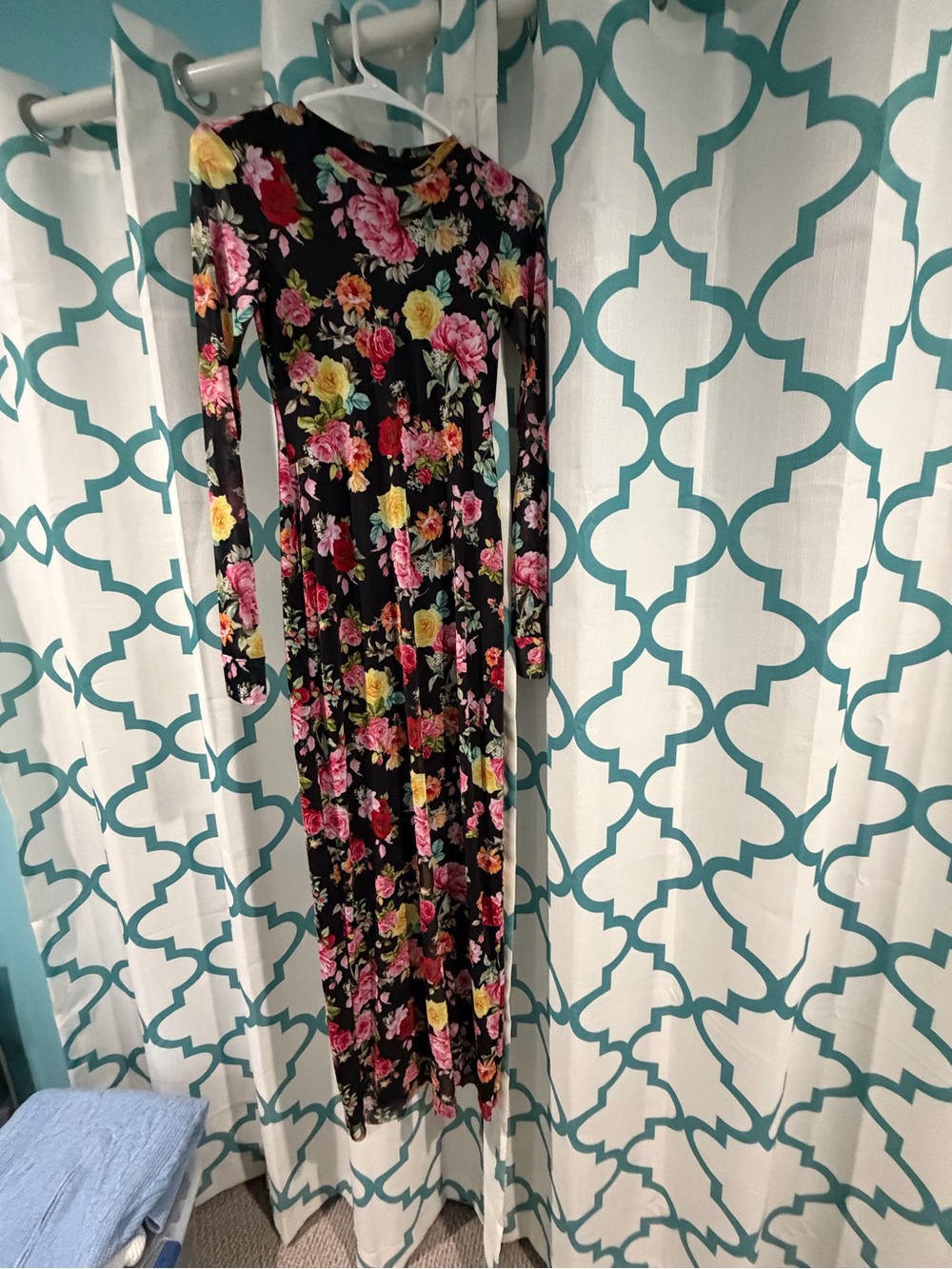 AFRM Black Floral Long Sleeve Maxi Dress with Pink and Yellow Roses